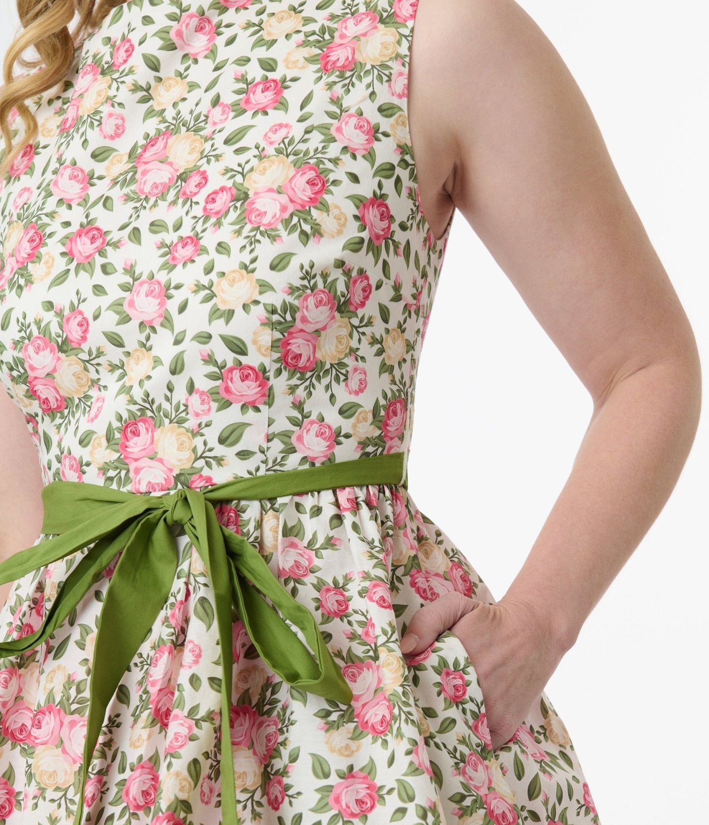 Unique Vintage 1950s Pink & Green Floral Sleeveless Cotton Swing Dress