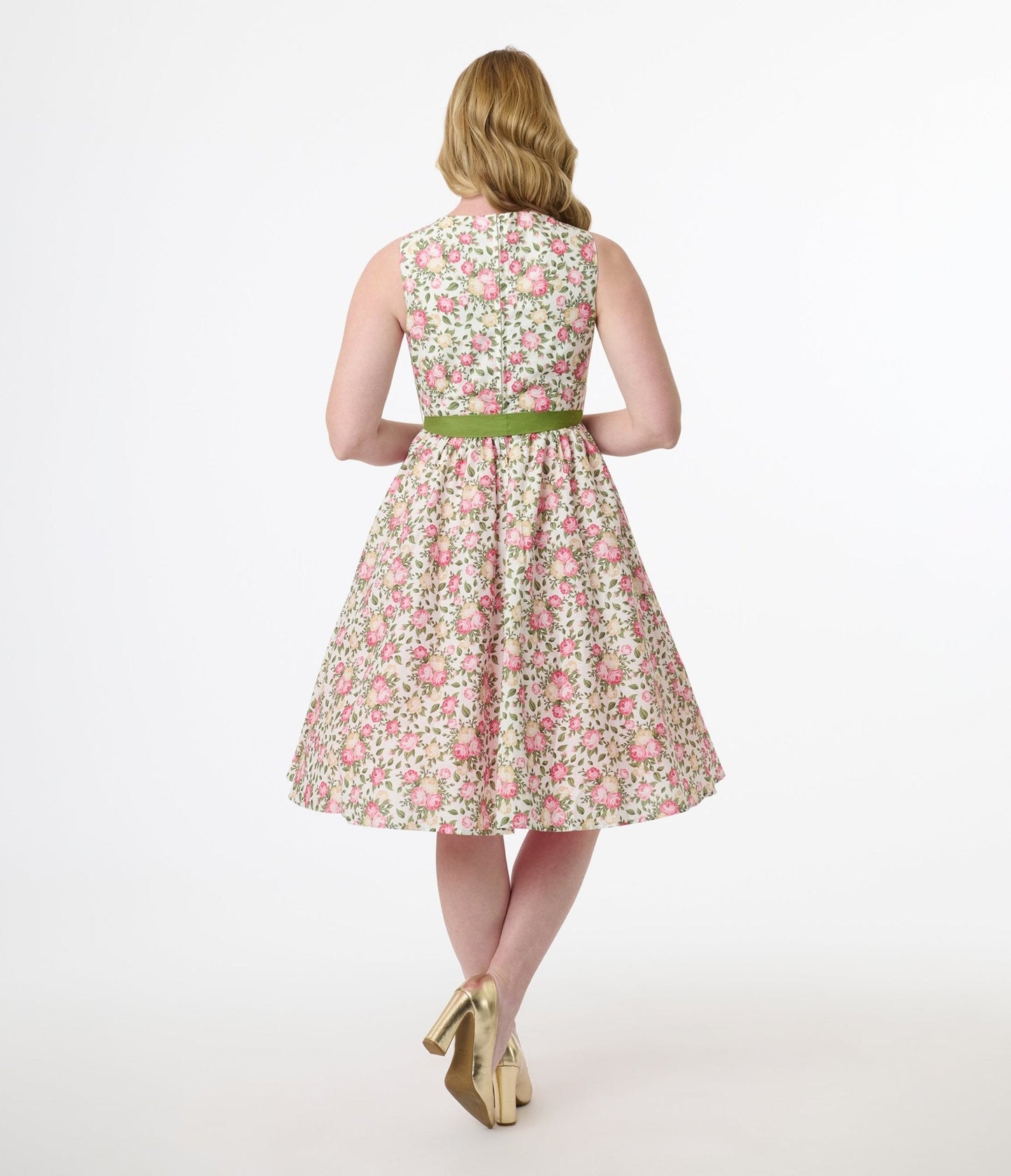 Unique Vintage 1950s Pink & Green Floral Sleeveless Cotton Swing Dress
