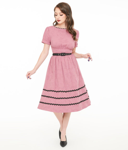 Unique Vintage Berry & Black Cotton Swing Dress