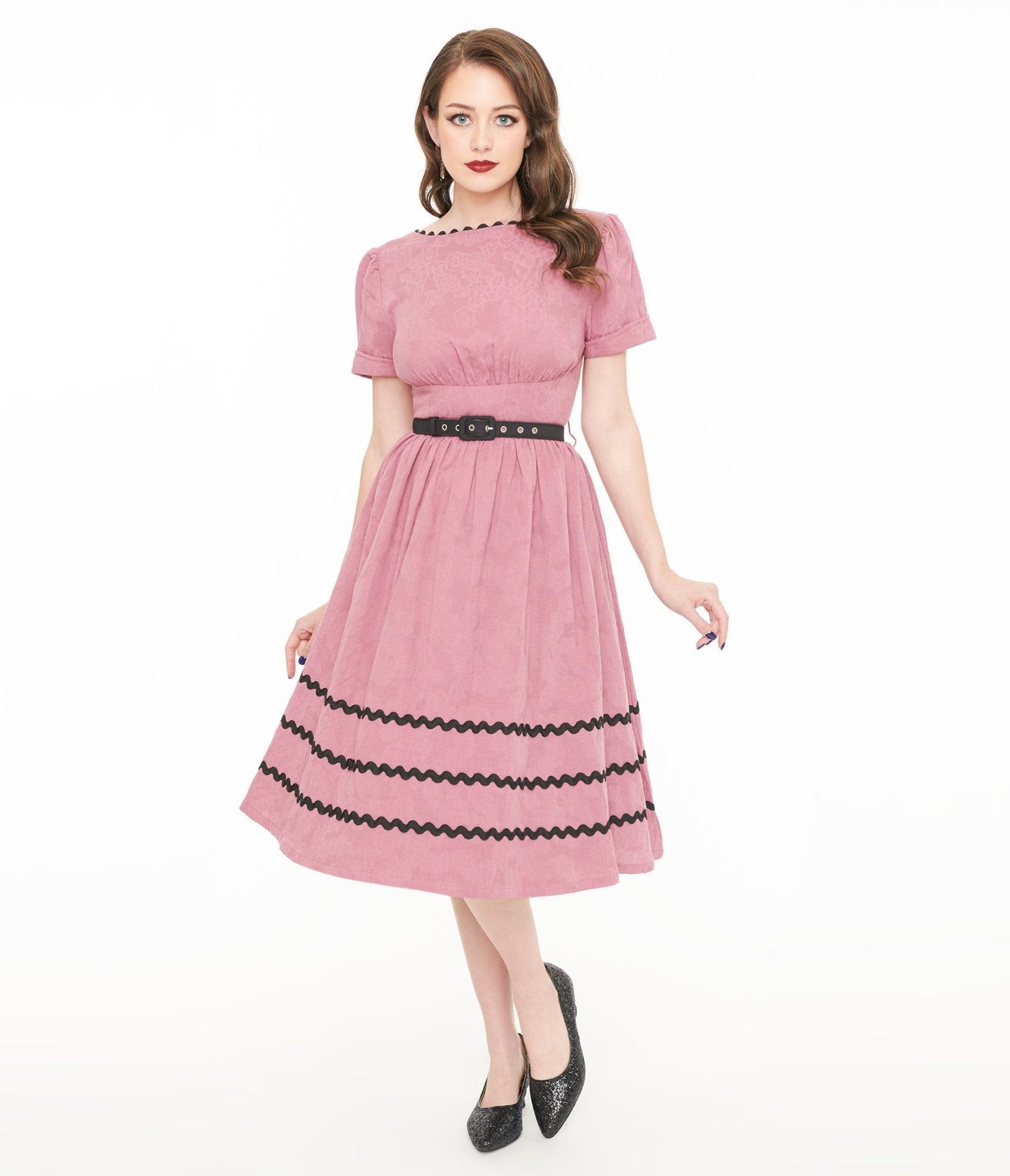 Unique Vintage Berry & Black Cotton Swing Dress