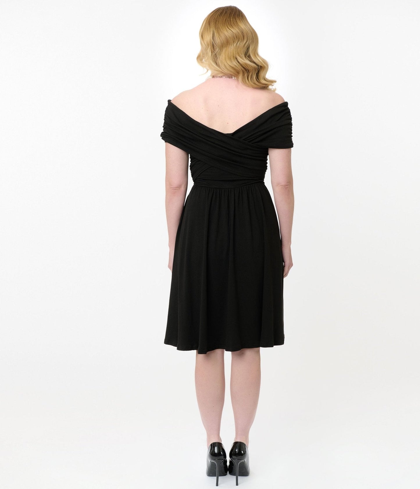 Unique Vintage Black Shirred Swing Dress