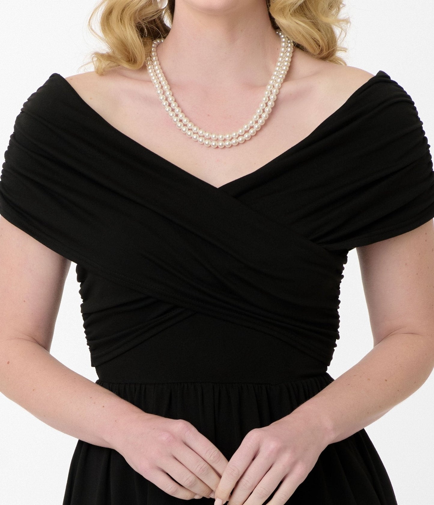 Unique Vintage Black Shirred Swing Dress