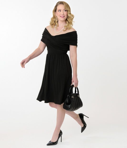 Unique Vintage Black Shirred Swing Dress