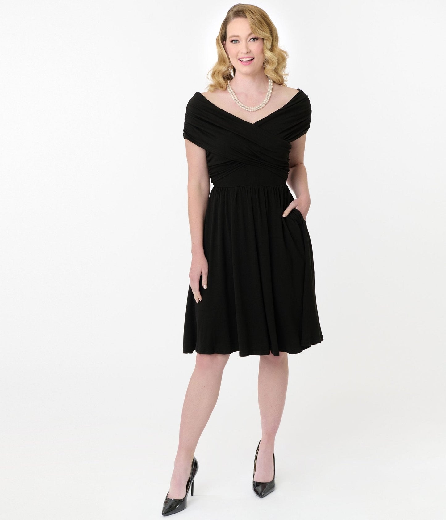 Unique Vintage Black Shirred Swing Dress