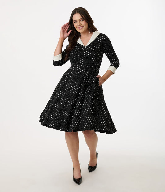 Unique Vintage Black & White Pin Dot Shirt Dress
