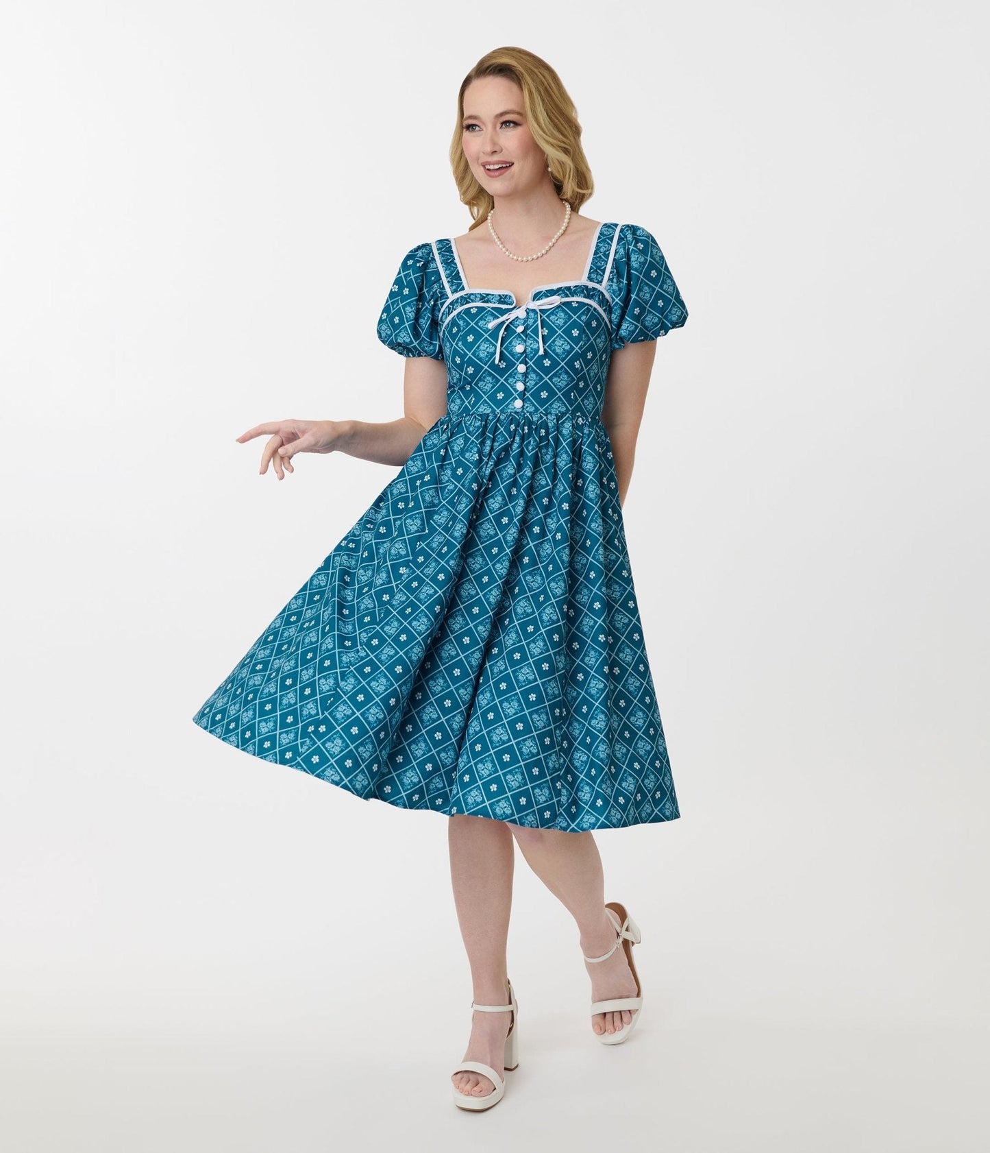 Unique Vintage Blue French Country Diamond Button Front Dress