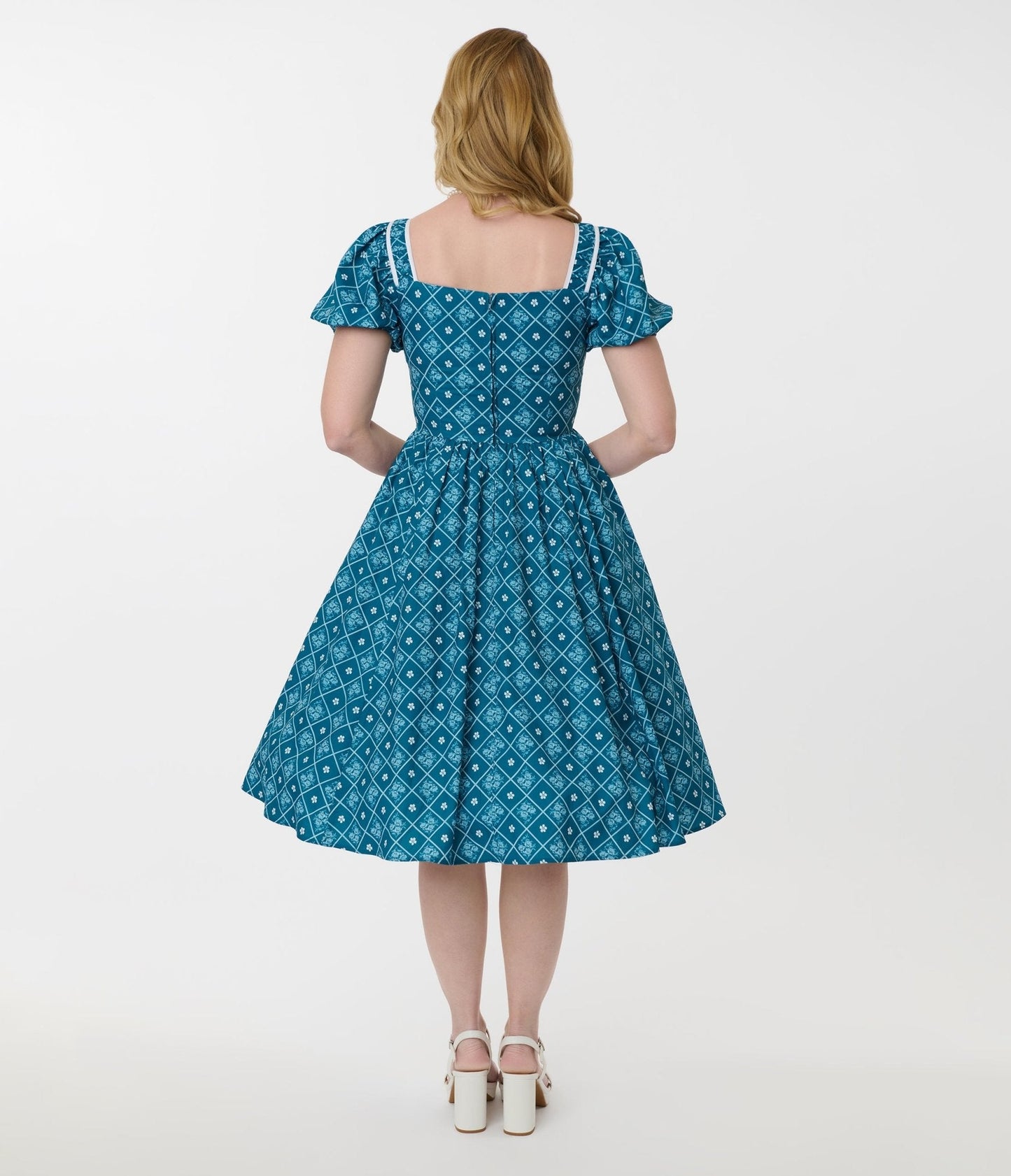 Unique Vintage Blue French Country Diamond Button Front Dress
