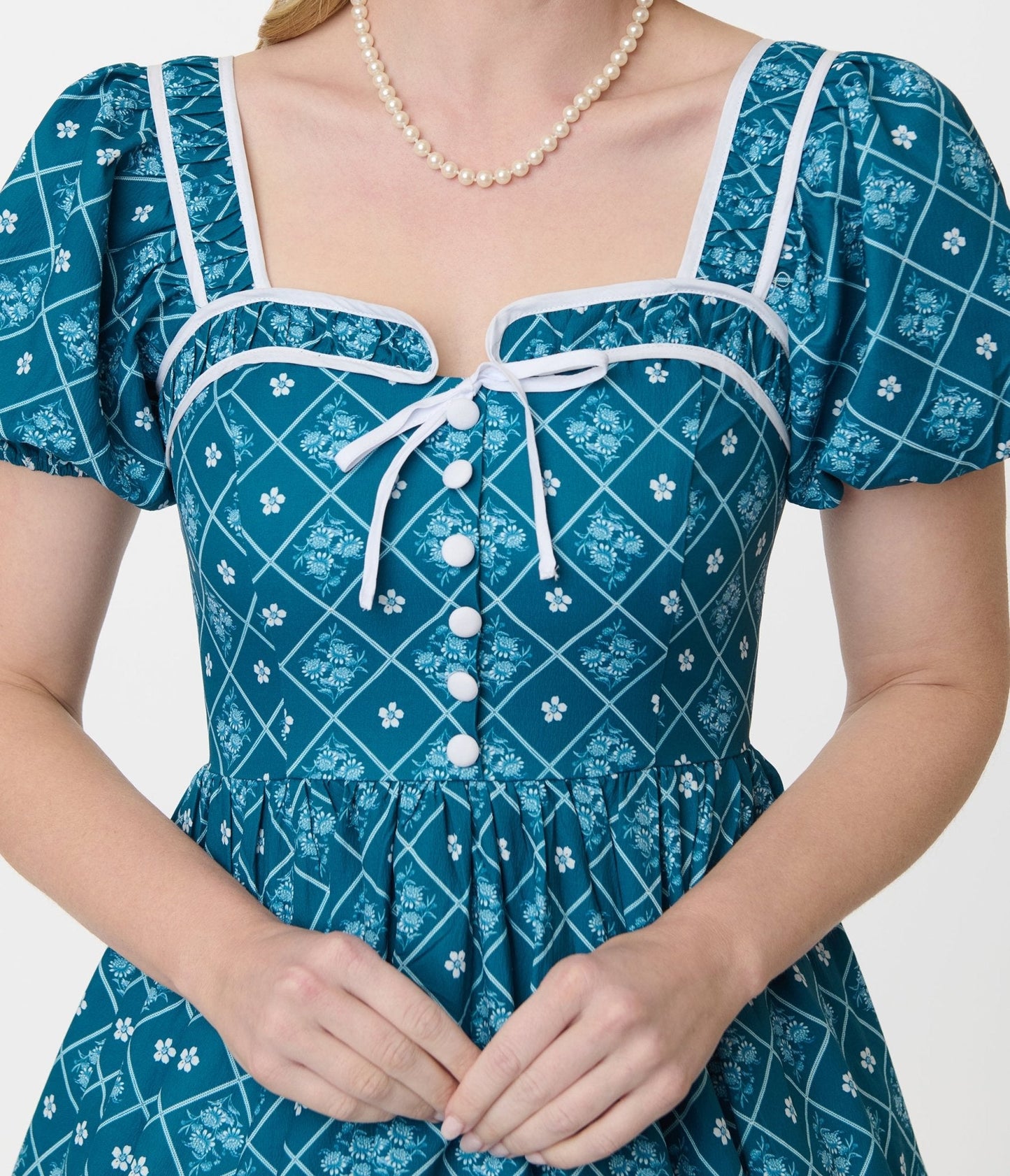 Unique Vintage Blue French Country Diamond Button Front Dress