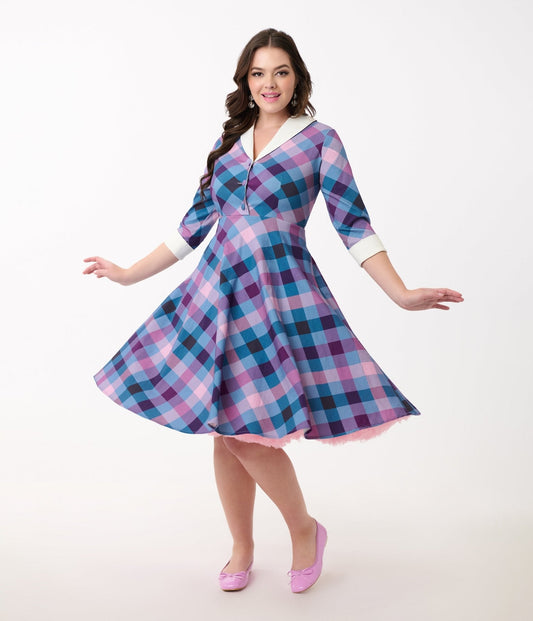 Unique Vintage Blue & Purple Madras Plaid Shirt Dress