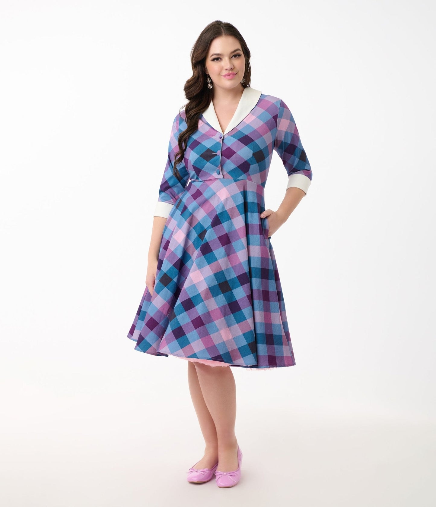 Unique Vintage Blue & Purple Madras Plaid Shirt Dress