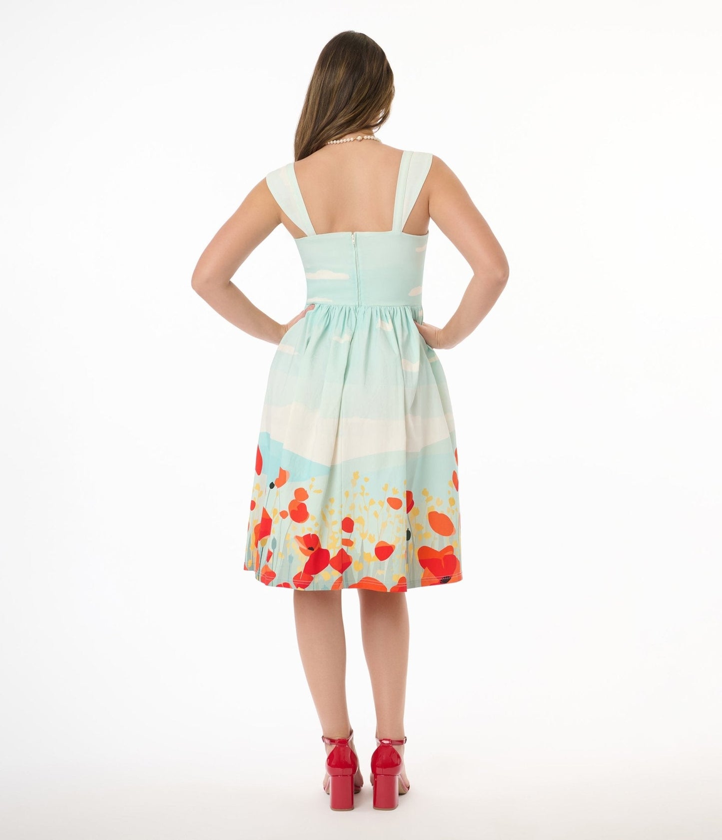 Unique Vintage Blue Sky & Poppy Field Sleeveless Swing Dress