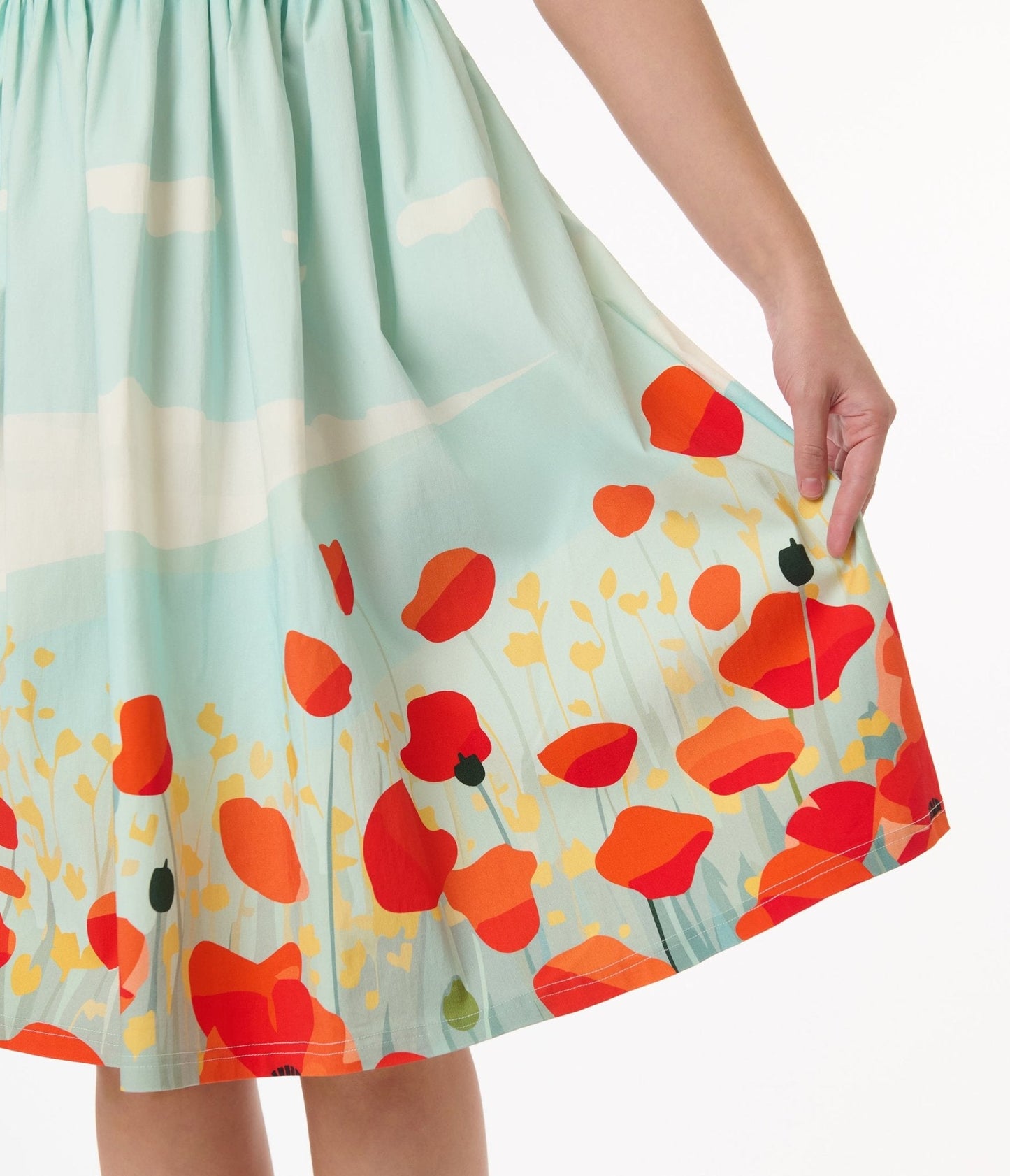 Unique Vintage Blue Sky & Poppy Field Sleeveless Swing Dress