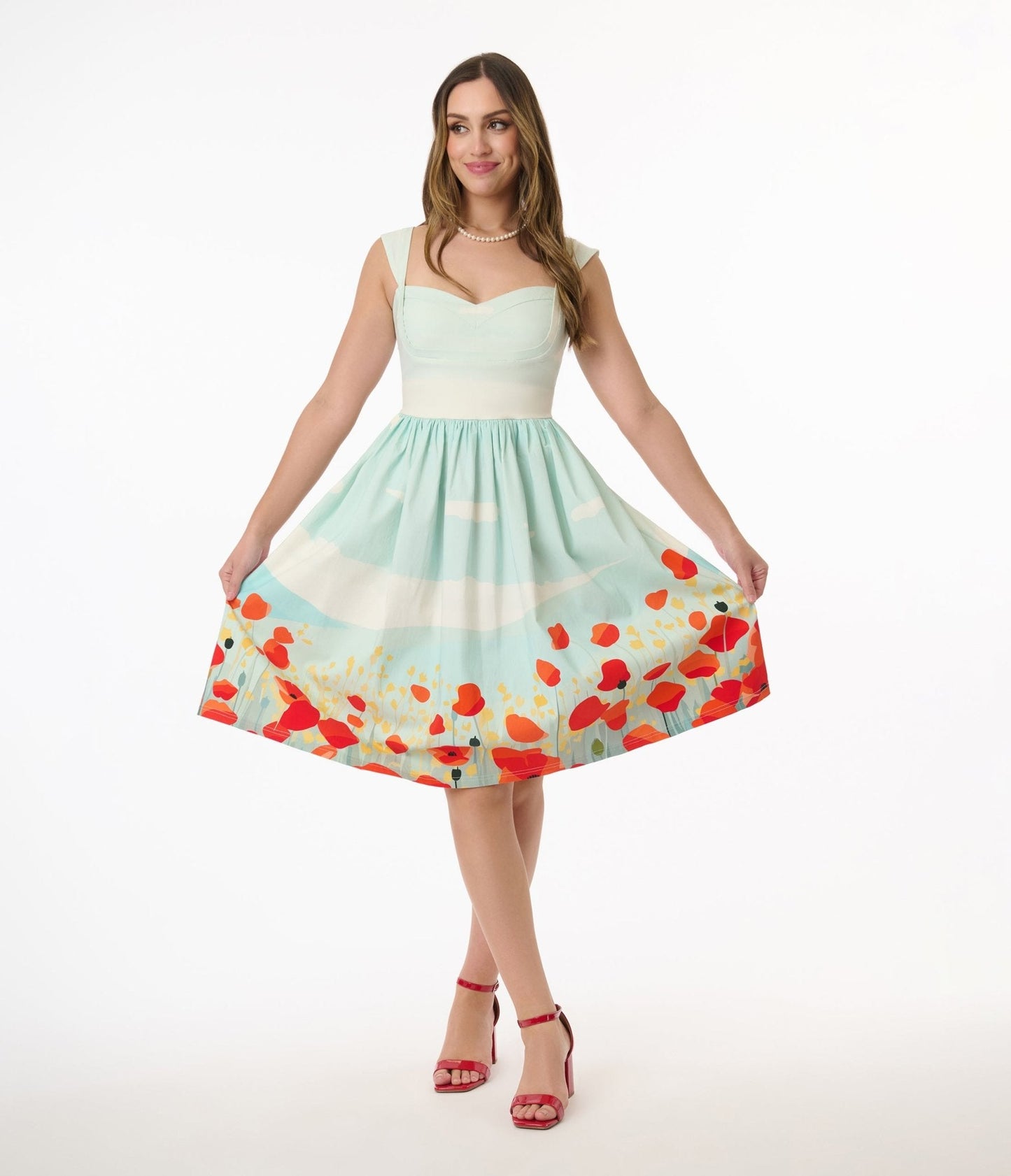 Unique Vintage Blue Sky & Poppy Field Sleeveless Swing Dress