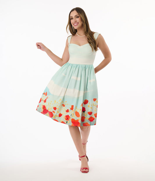Unique Vintage Blue Sky & Poppy Field Sleeveless Swing Dress