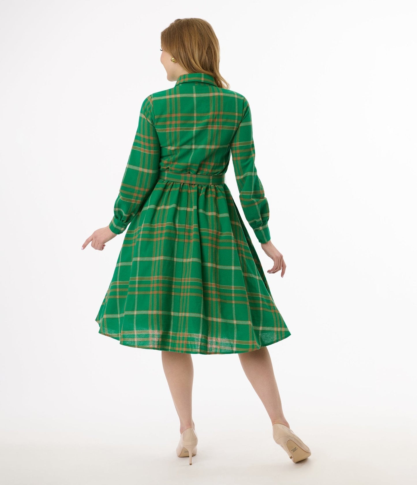 Unique Vintage Green Plaid Belted Cotton Shirt Dress