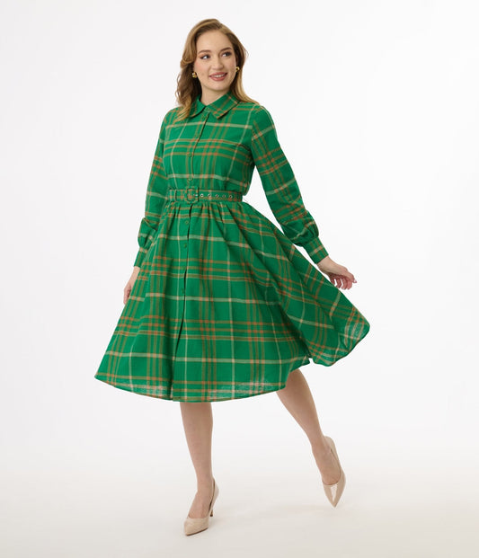 Unique Vintage Green Plaid Belted Cotton Shirt Dress
