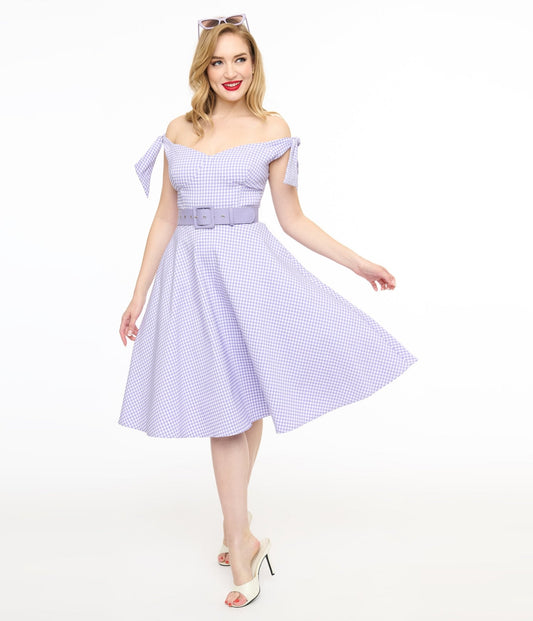 Unique Vintage Lavender & White Gingham Off The Shoulder Swing Dress