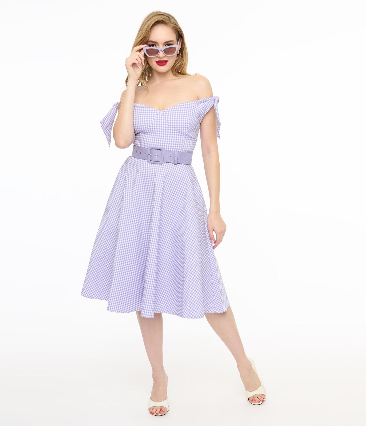 Unique Vintage Lavender & White Gingham Off The Shoulder Swing Dress
