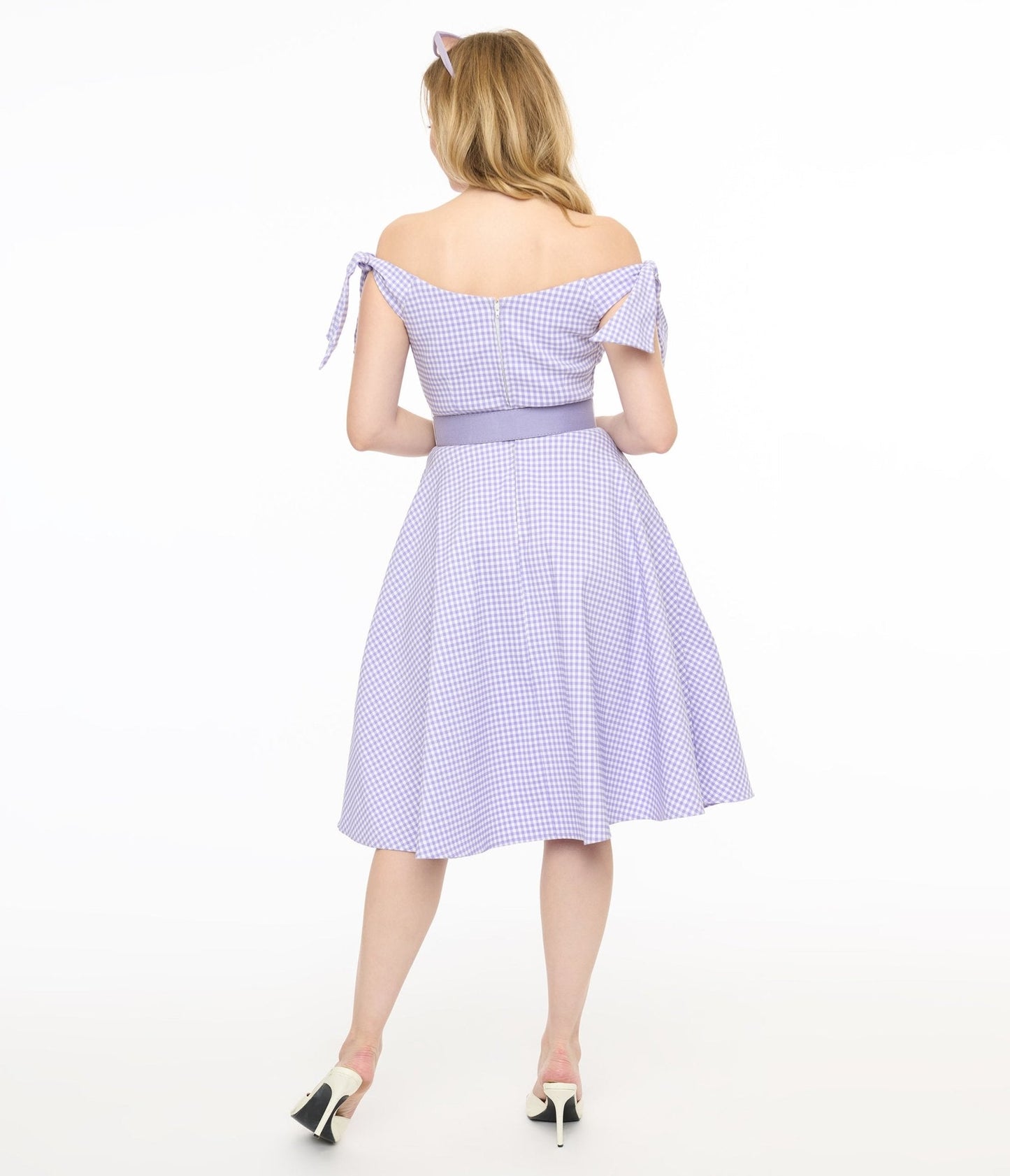Unique Vintage Lavender & White Gingham Off The Shoulder Swing Dress