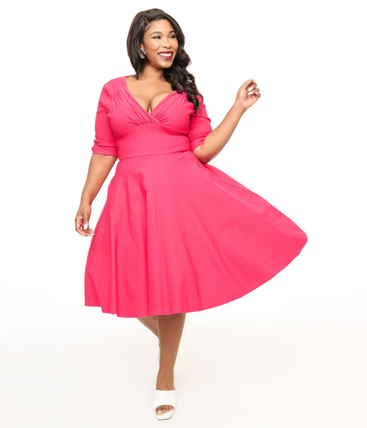 Unique Vintage Plus Size 1950s Hot Pink Delores Swing Dress