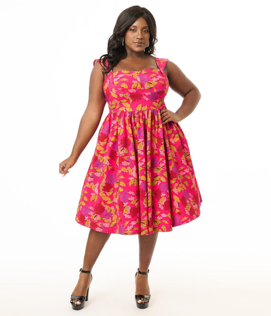 Unique Vintage Plus Size 1950s Pink & Red Floral Sleeveless Swing Dress