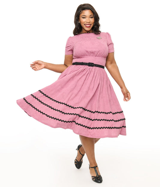 Unique Vintage Plus Size Berry & Black Cotton Swing Dress