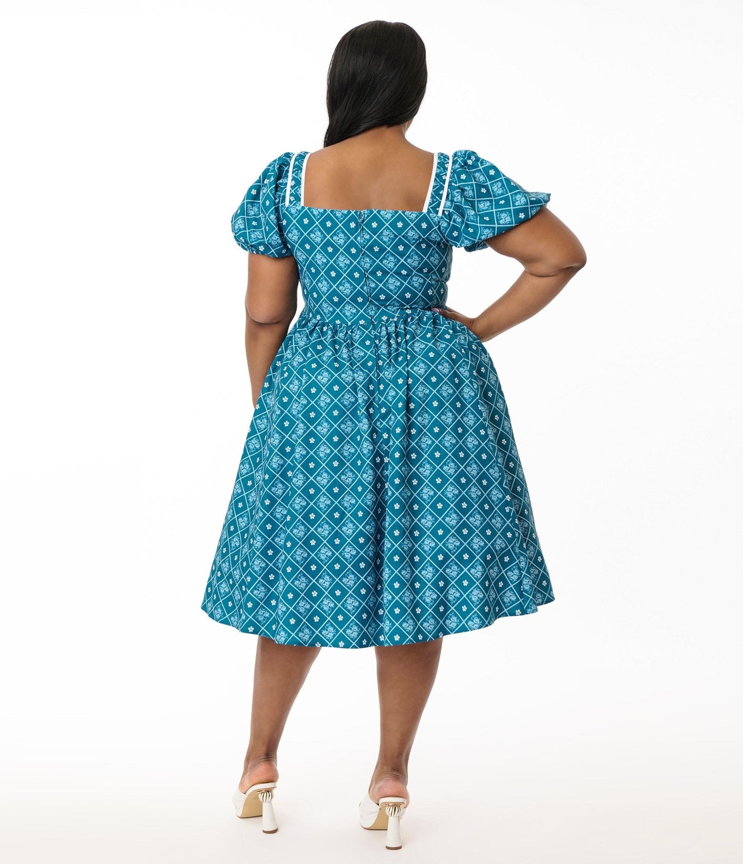 Unique Vintage Plus Size Blue French Country Diamond Button Front Dress