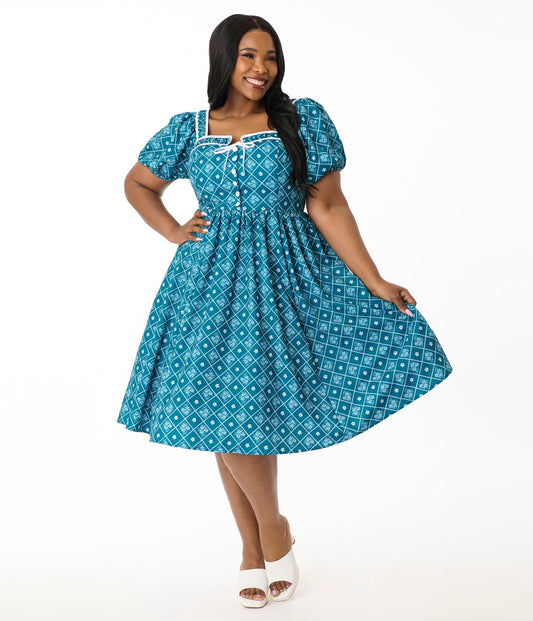 Unique Vintage Plus Size Blue French Country Diamond Button Front Dress