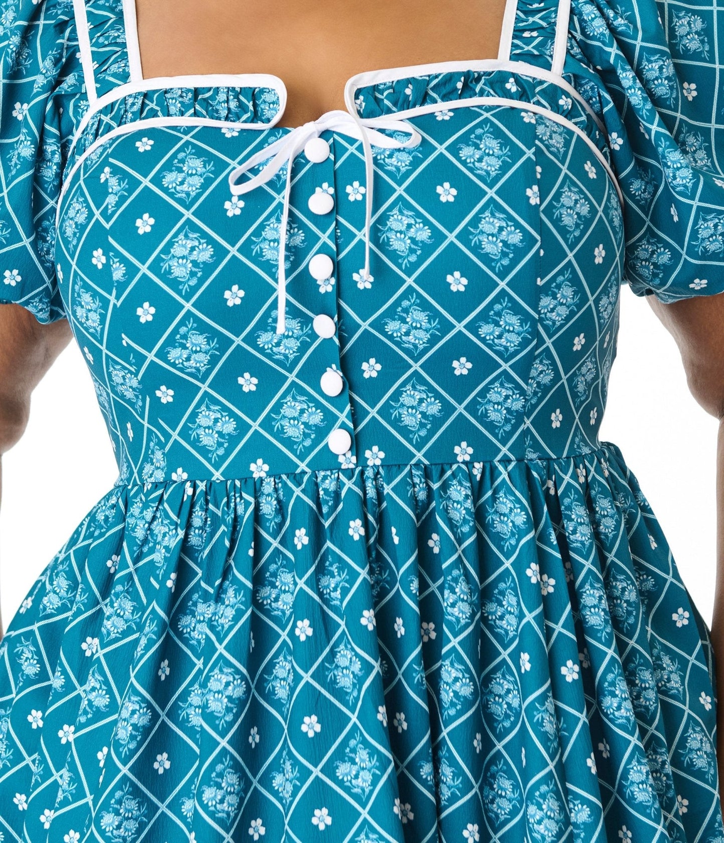 Unique Vintage Plus Size Blue French Country Diamond Button Front Dress
