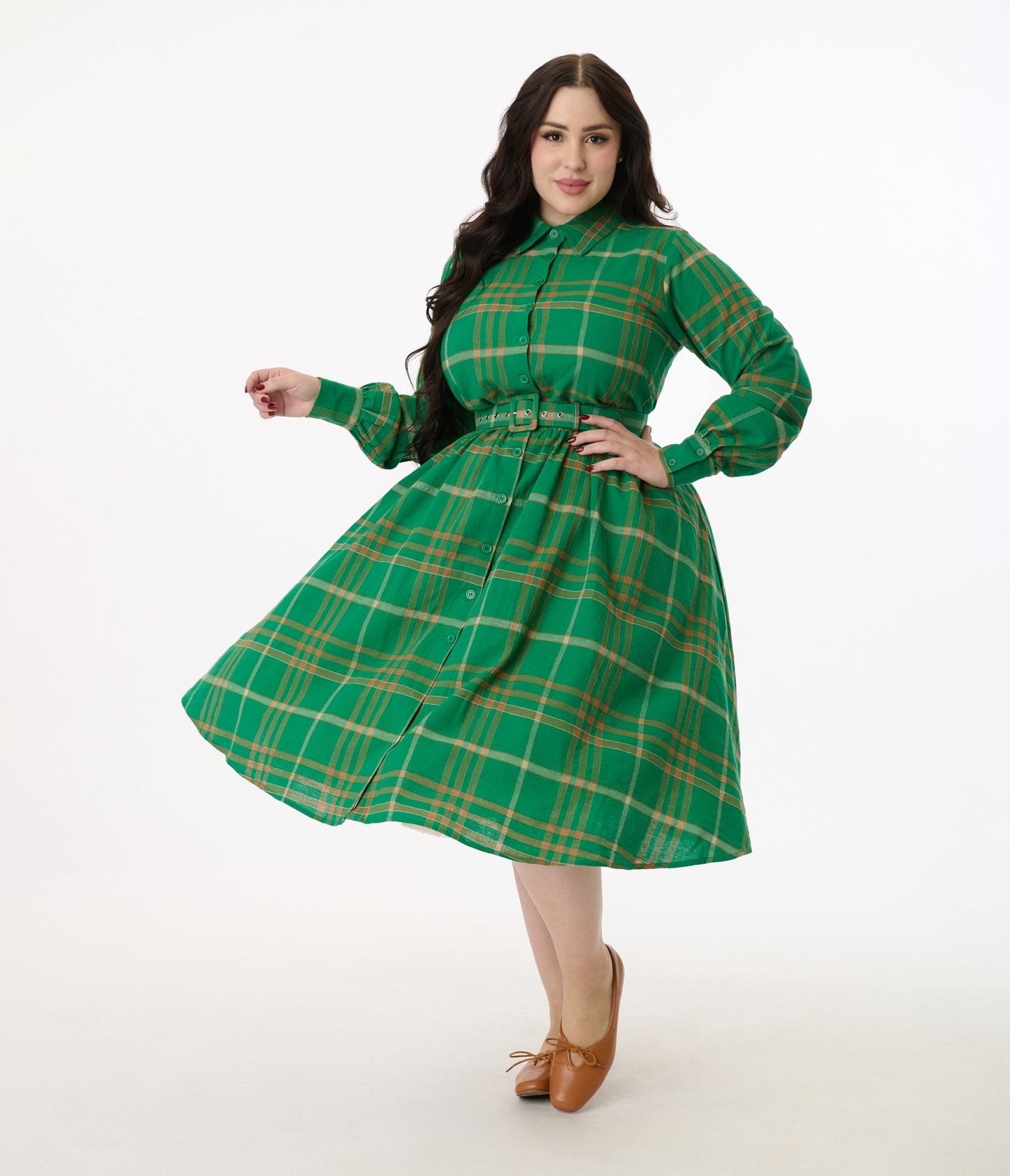 Unique Vintage Plus Size Green Plaid Belted Cotton Shirt Dress