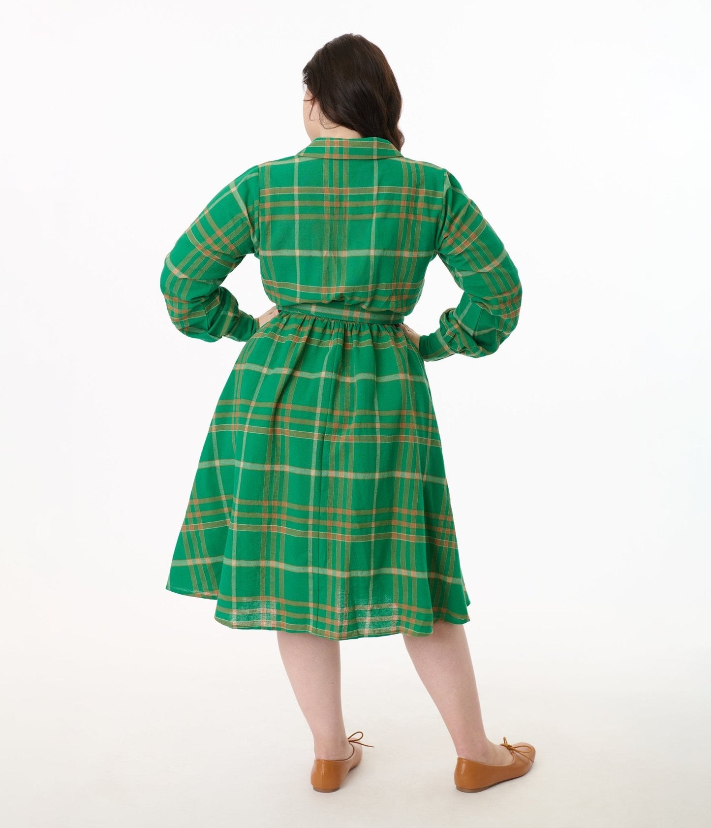 Unique Vintage Plus Size Green Plaid Belted Cotton Shirt Dress