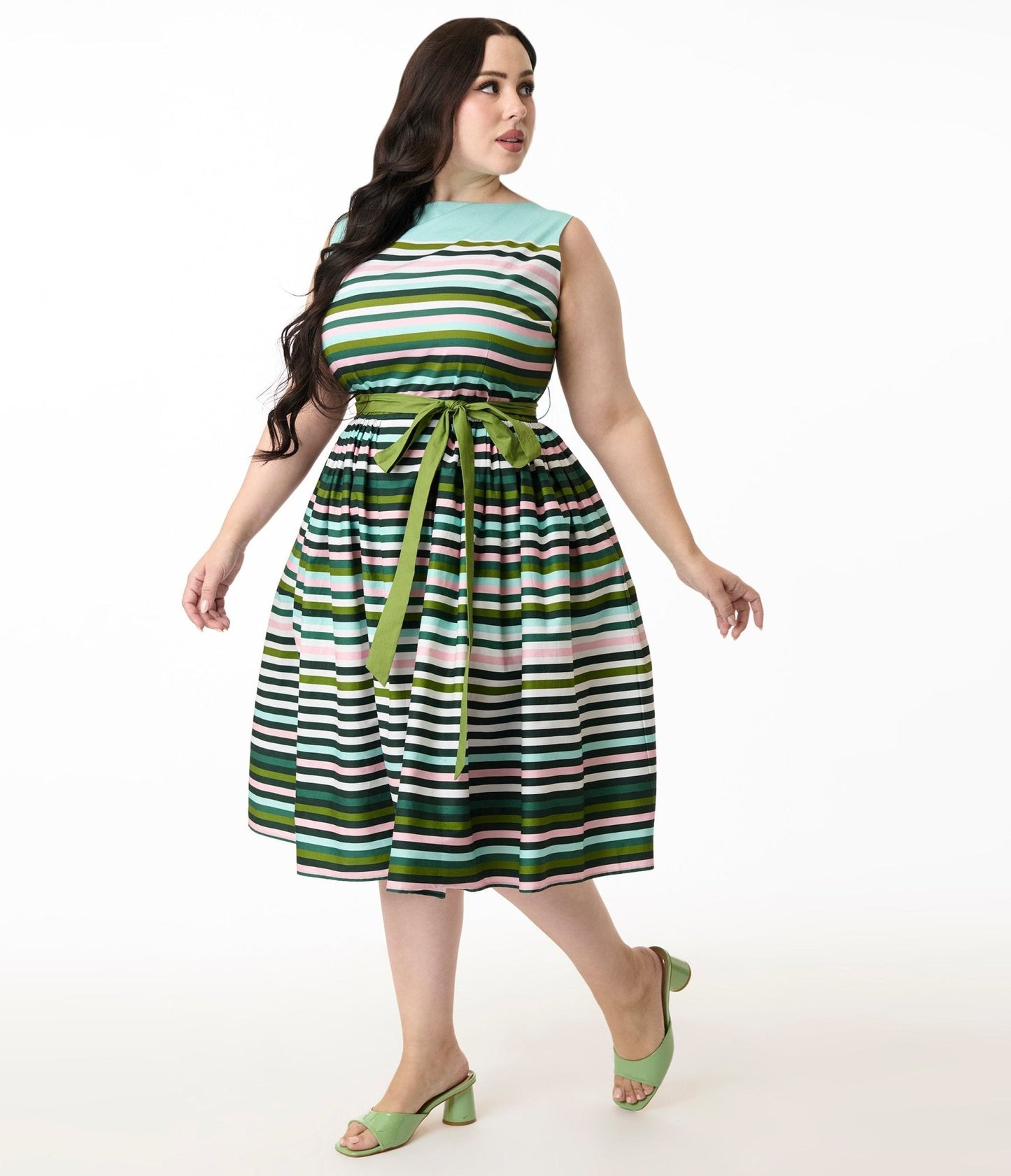 Unique Vintage Plus Size Spring Stripe Sleeveless Cotton Swing Dress