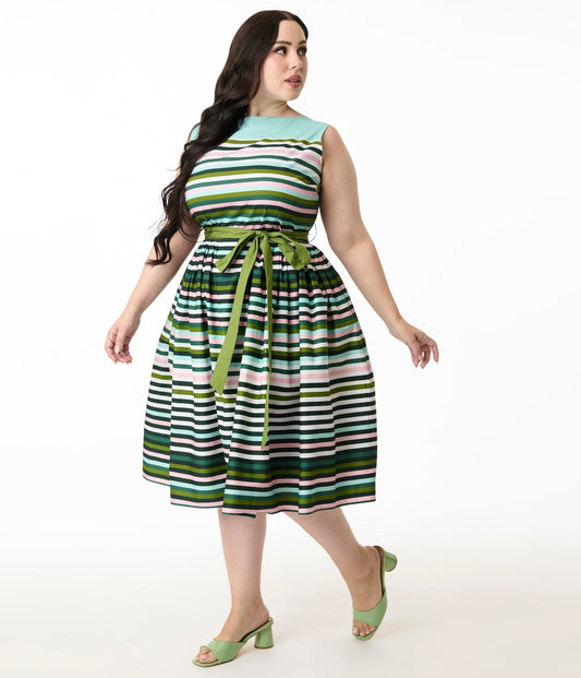 Unique Vintage Plus Size Spring Stripe Sleeveless Cotton Swing Dress