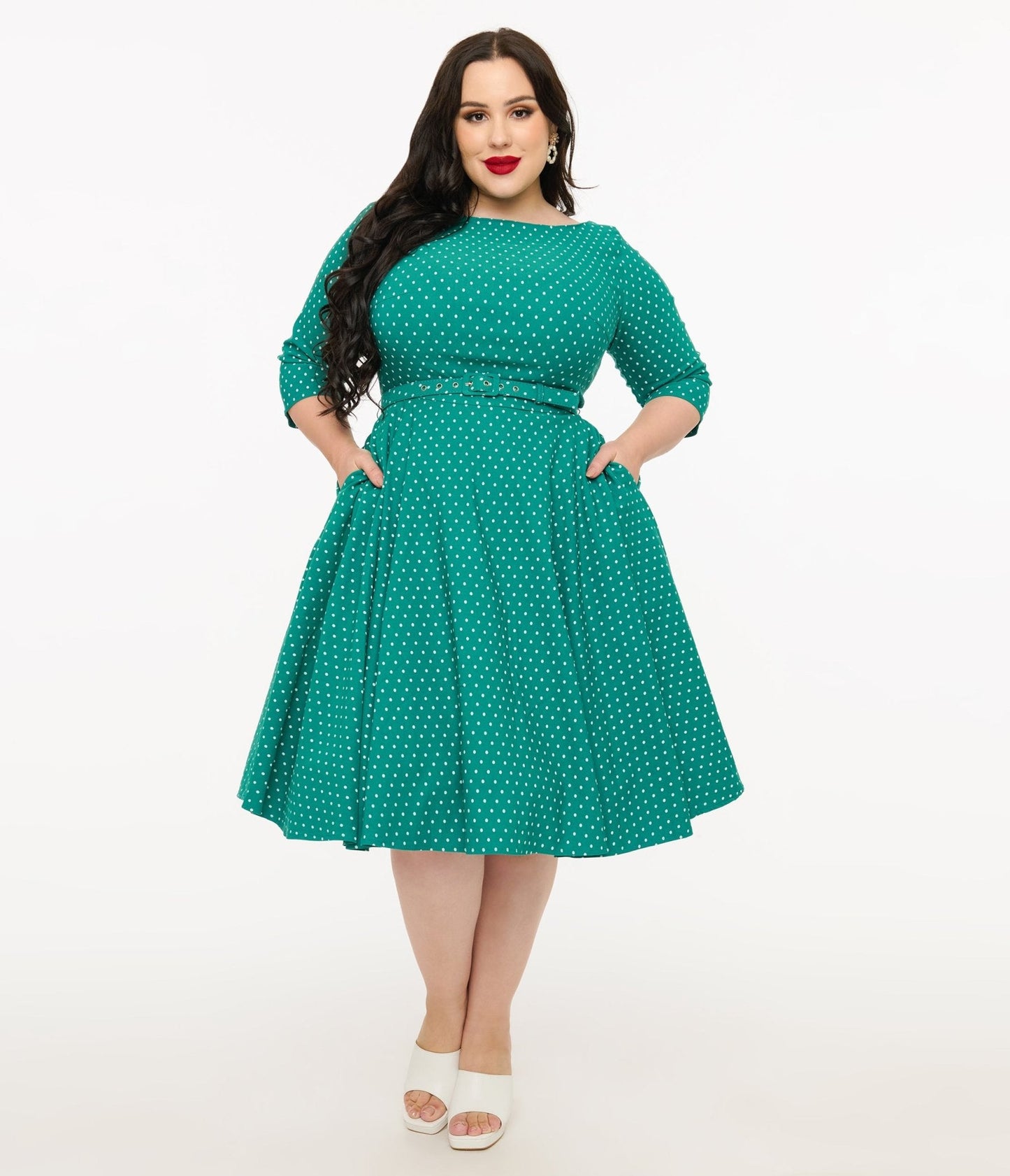 Unique Vintage Plus Size Teal & White Pin Dot Devon Swing Dress