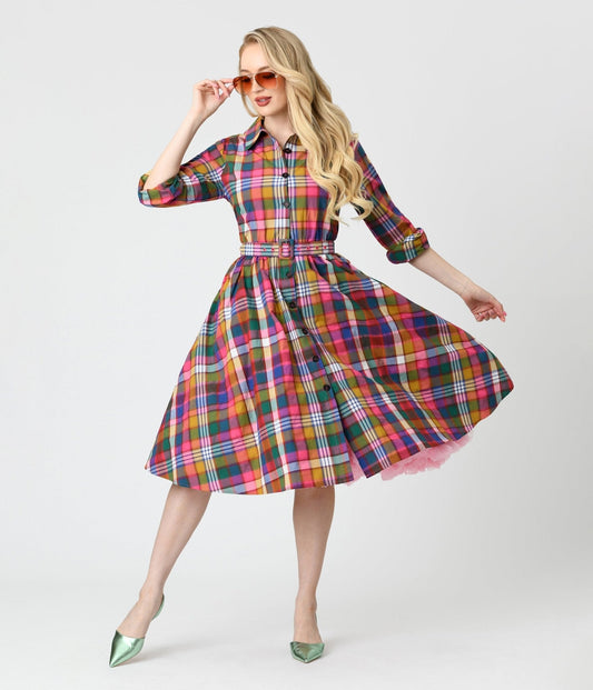 Unique Vintage Rainbow Madras Plaid Belted Cotton Shirt Dress