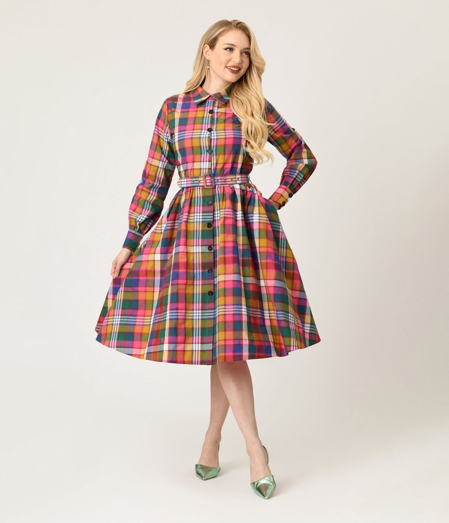 Unique Vintage Rainbow Madras Plaid Belted Cotton Shirt Dress