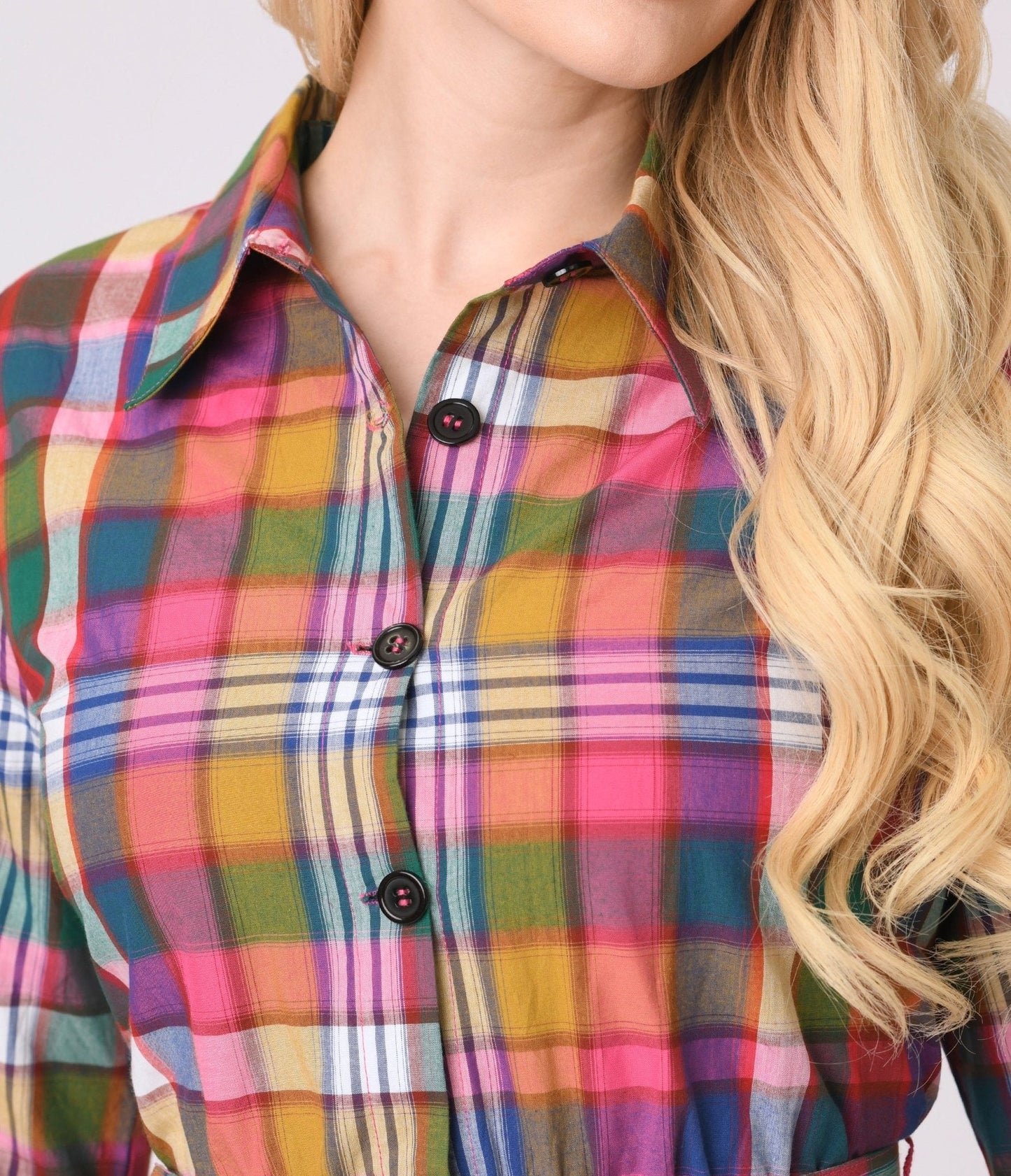 Unique Vintage Rainbow Madras Plaid Belted Cotton Shirt Dress