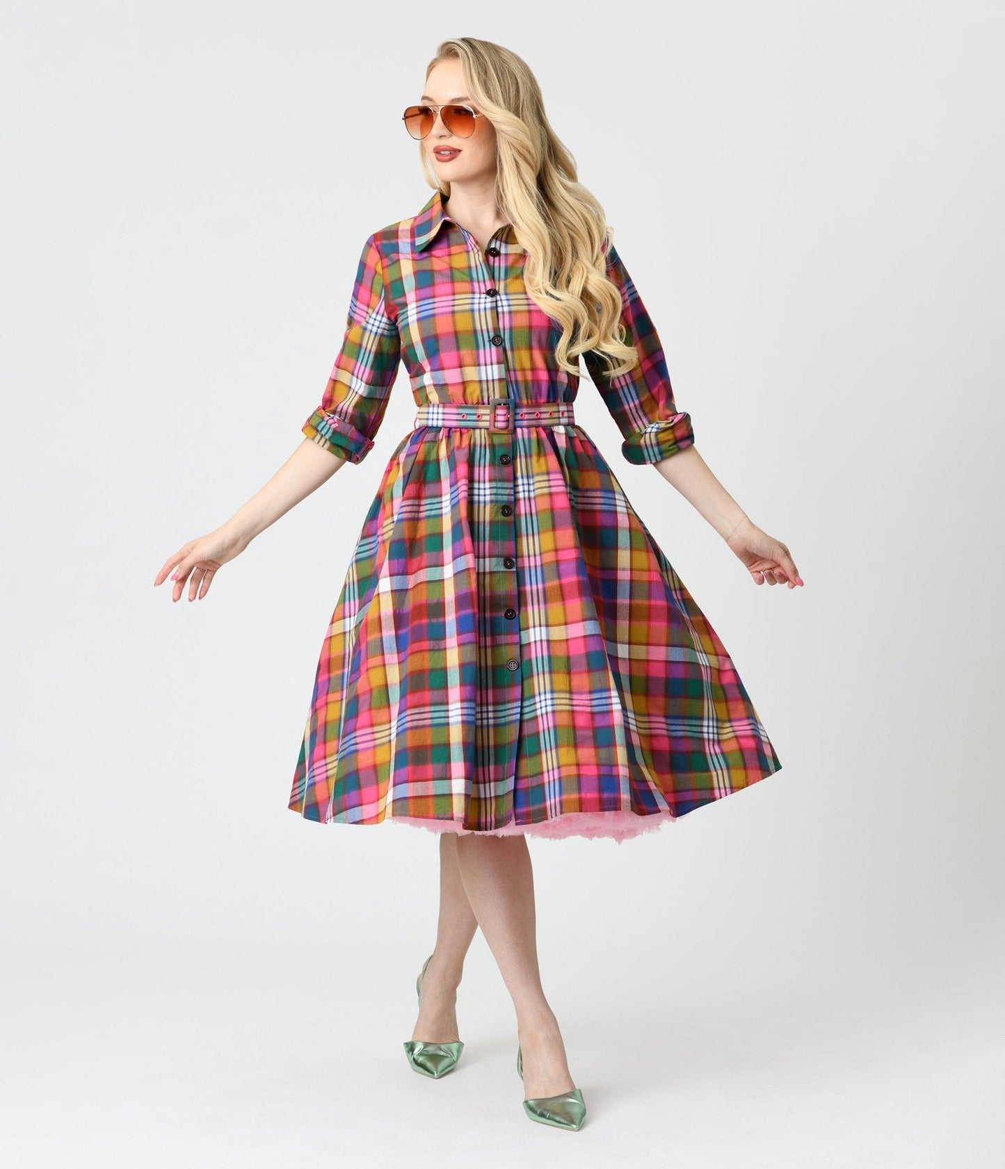 Unique Vintage Rainbow Madras Plaid Belted Cotton Shirt Dress