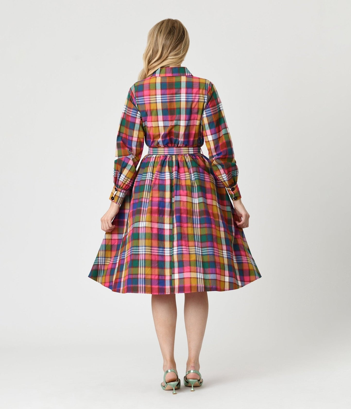 Unique Vintage Rainbow Madras Plaid Belted Cotton Shirt Dress