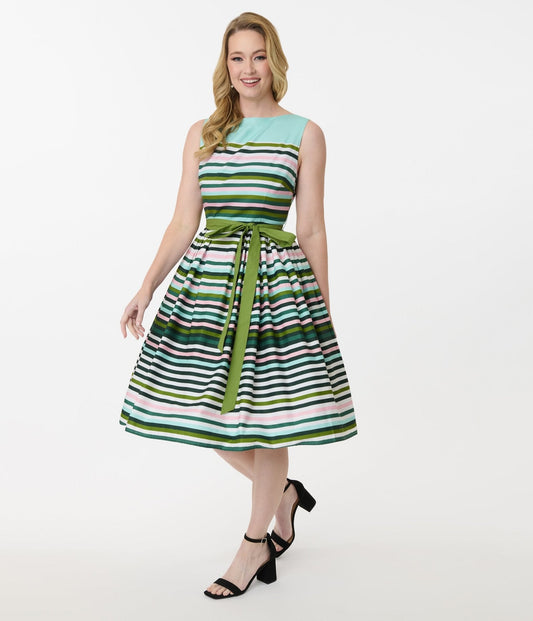 Unique Vintage Spring Stripe Sleeveless Cotton Swing Dress